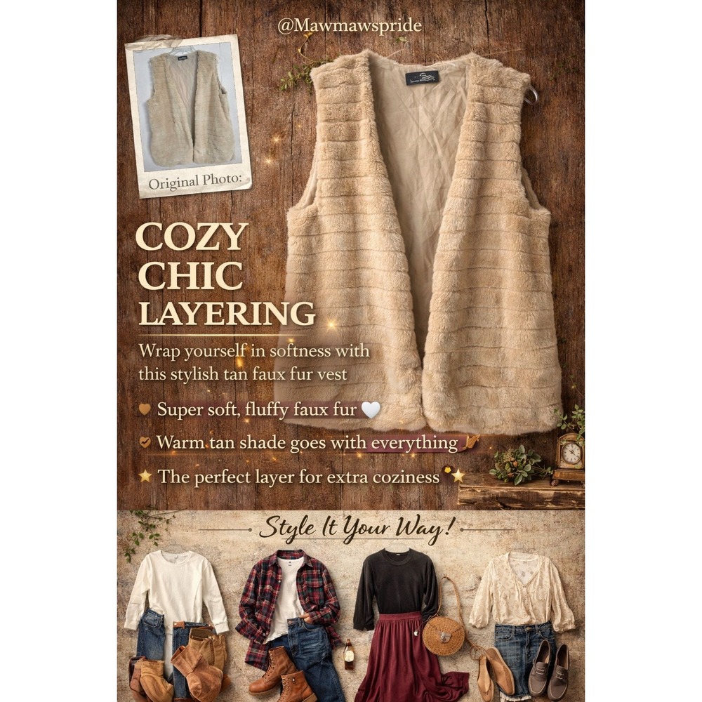 COZY CHIC SOFT‎ FUZZY FURRY LAYERING VEST Womens Large Open Front Sleeveless
